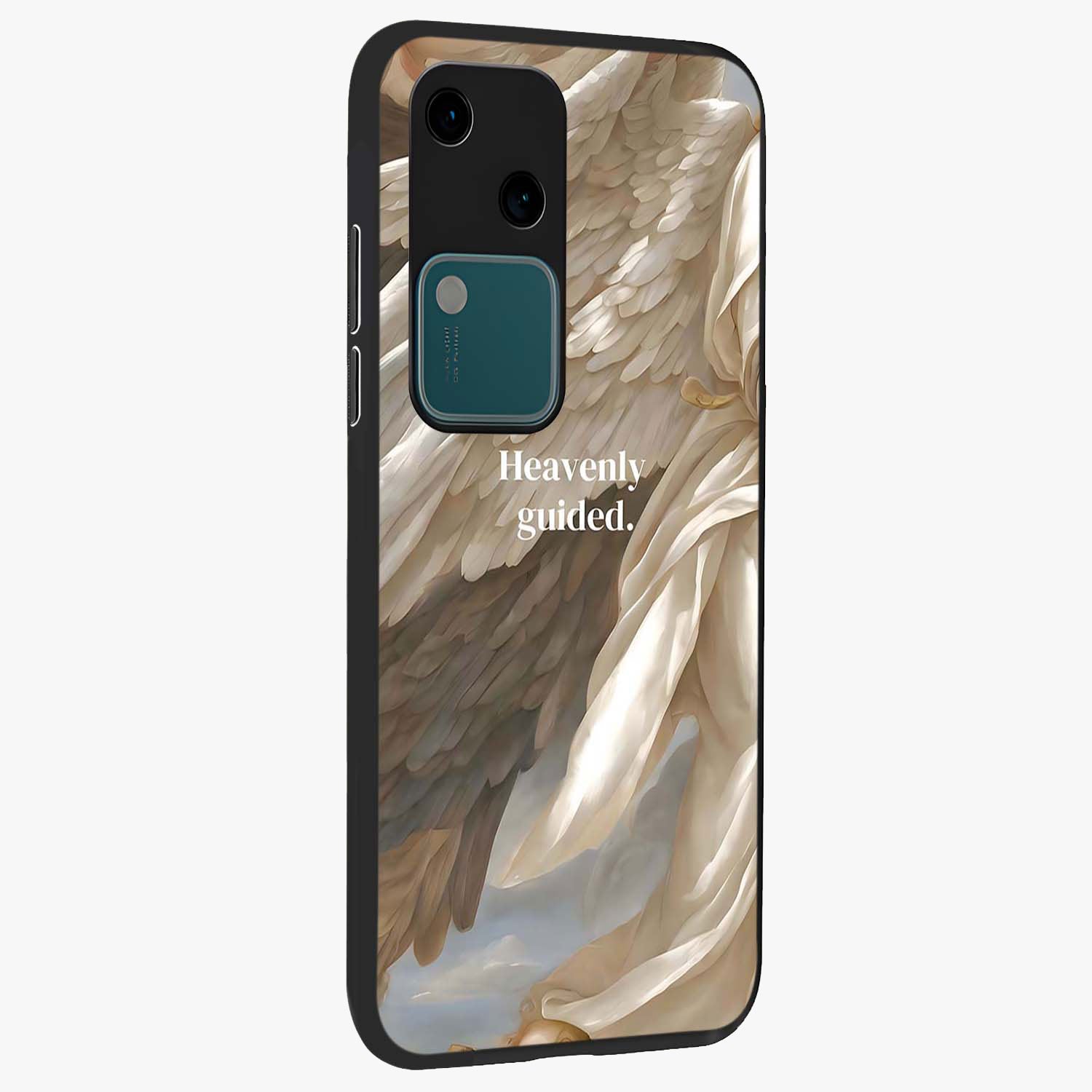 Divine Winged Grace Glass Case upright view showcasing spiritual wing artwork with soft celestial theme.