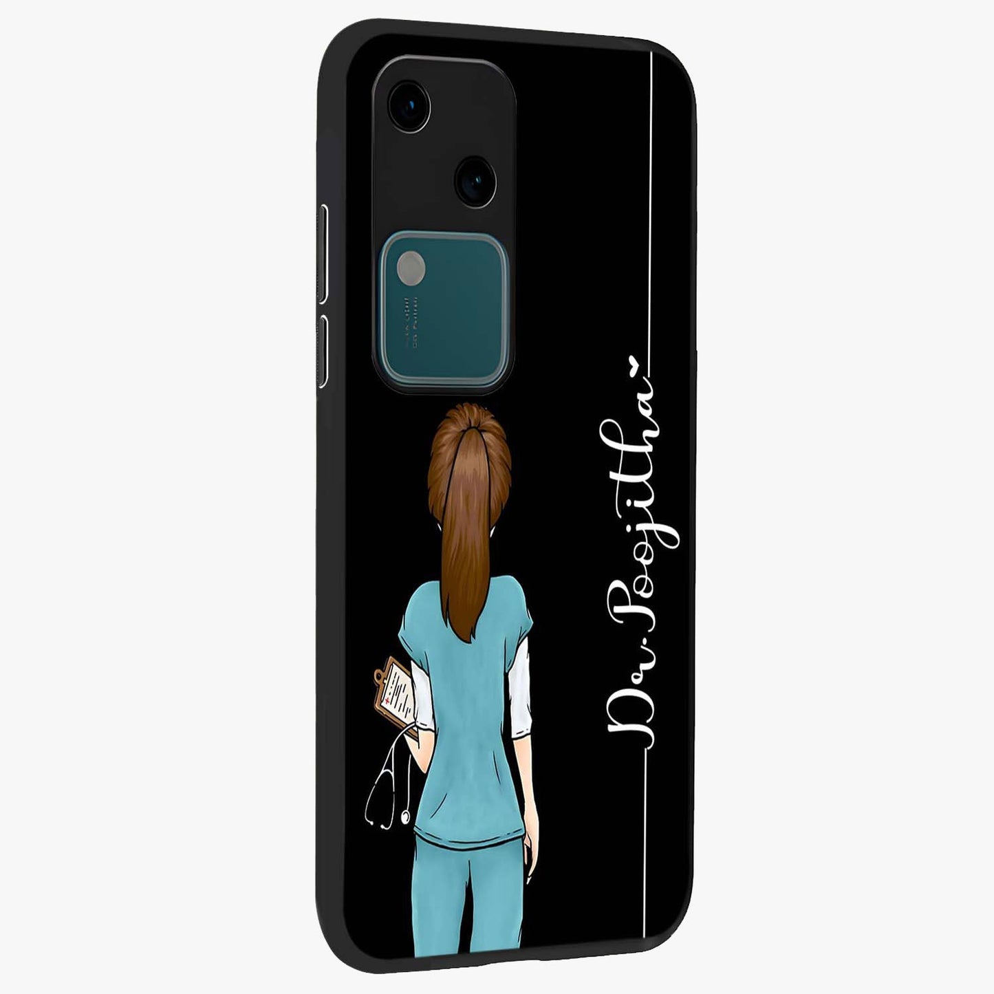 Doctor Pattern Custom Name Glass Case upright view showcasing healthcare themed design with personalized aesthetic.