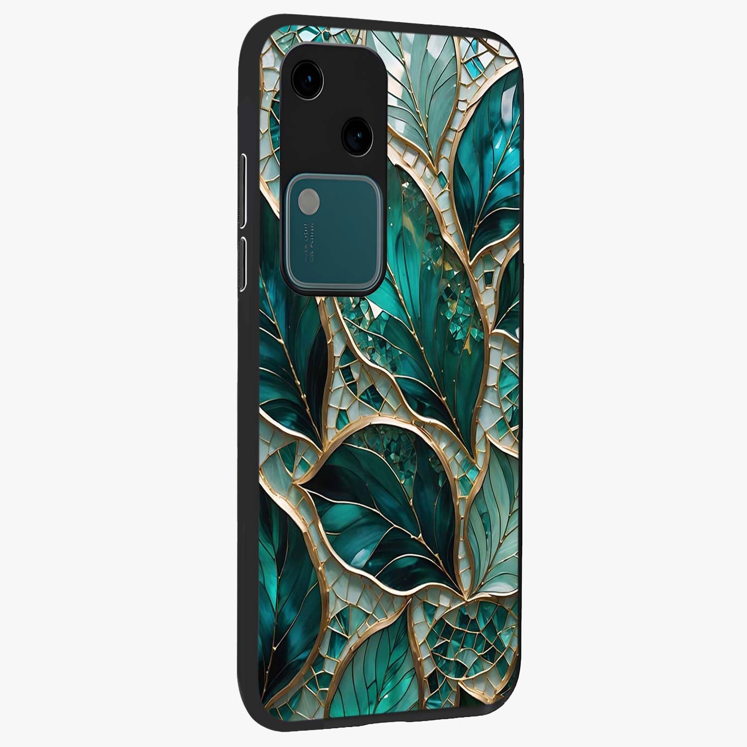 Emerald Leaf Glass Glass Case upright view showcasing fresh green leaf artwork with calming nature inspired style.