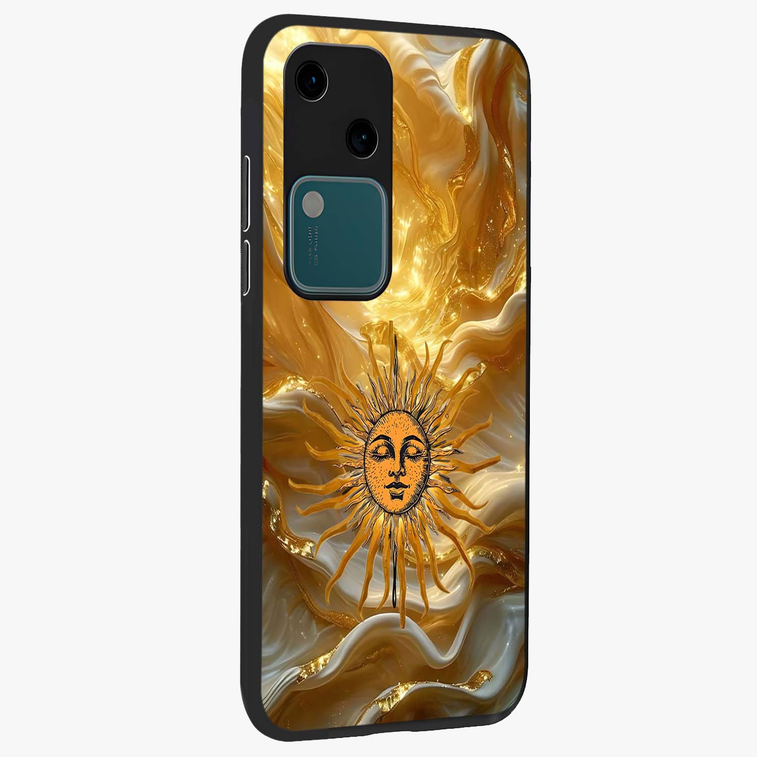 Eternal Golden Glow Glass Case upright view showcasing luminous golden artwork with luxurious visual theme.