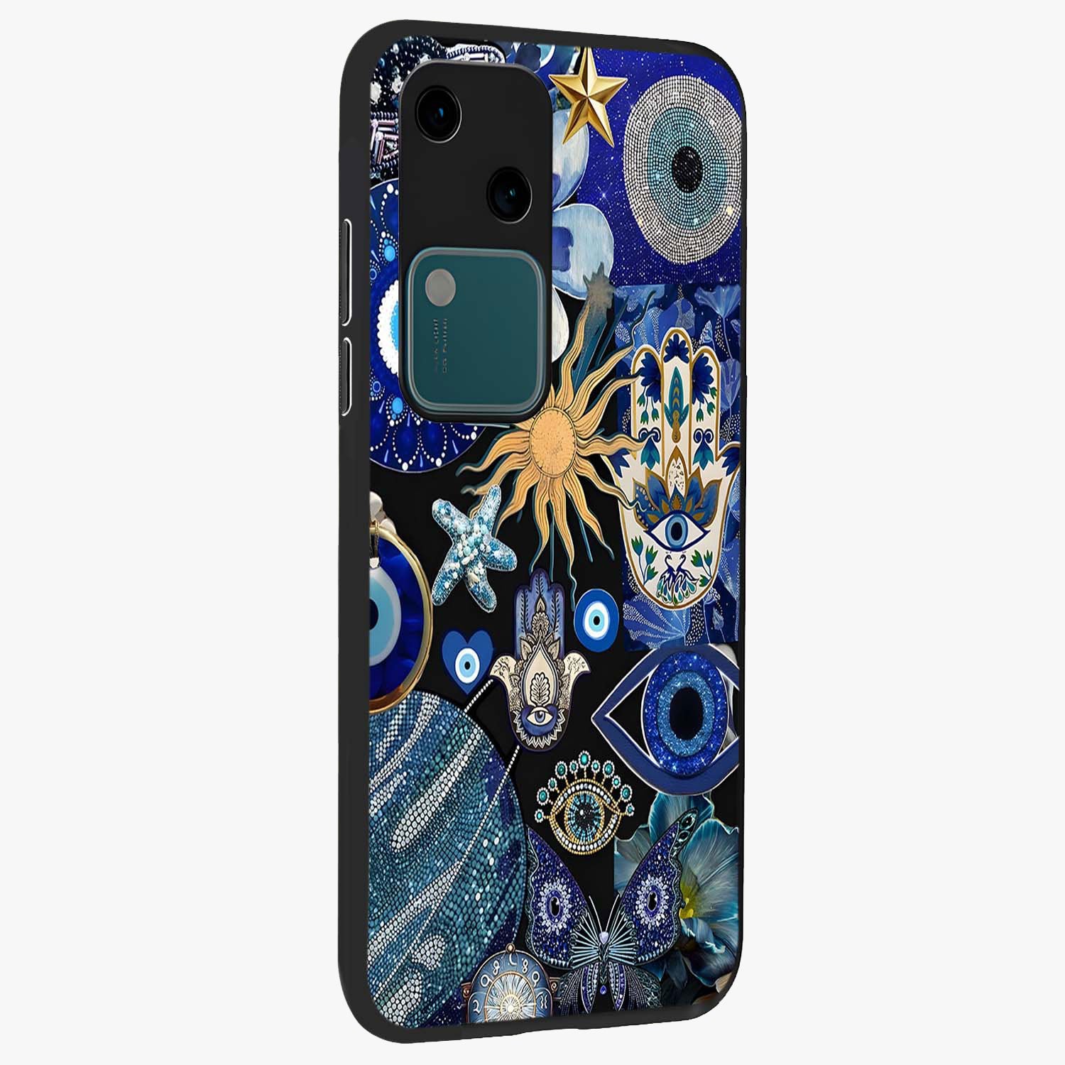 Evil Eye Charm Mix Glass Case upright view showcasing mystical evil eye pattern with vibrant decorative style.