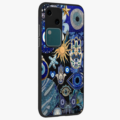 Evil Eye Charm Mix Glass Case upright view showcasing mystical evil eye pattern with vibrant decorative style.