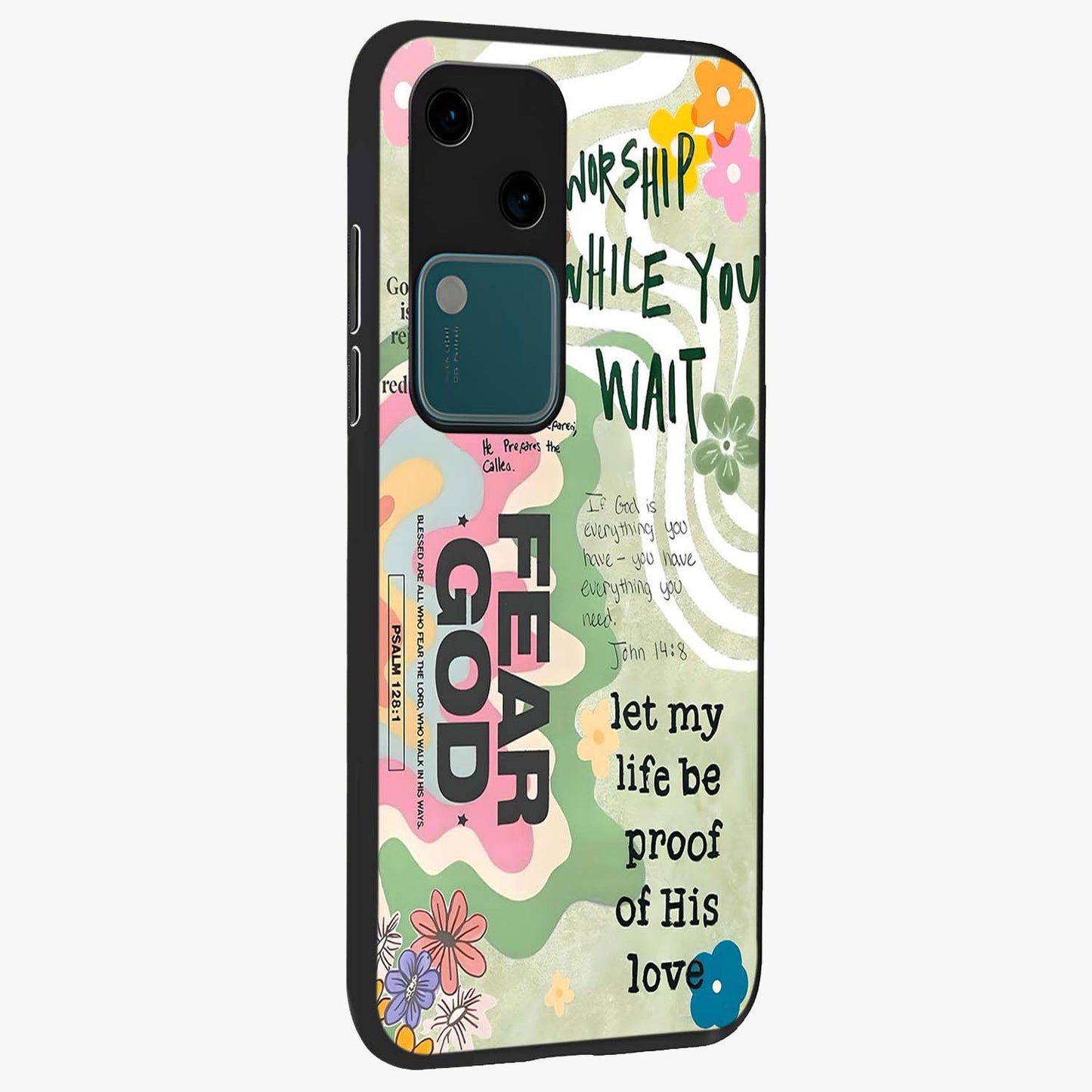 Faith Over Fear Glass Case upright view showcasing bold typography artwork with uplifting motivational theme.