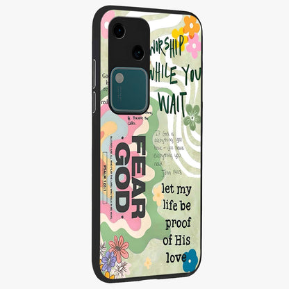 Faith Over Fear Glass Case upright view showcasing bold typography artwork with uplifting motivational theme.