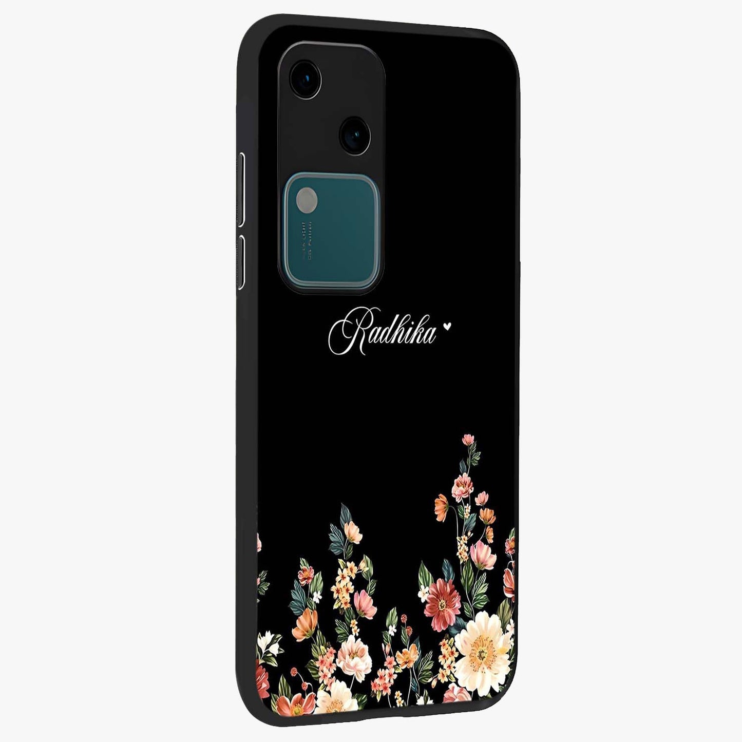 Floral Design With a Custom Personalized Name Glass Case upright view showcasing delicate floral artwork with personalized aesthetic style.