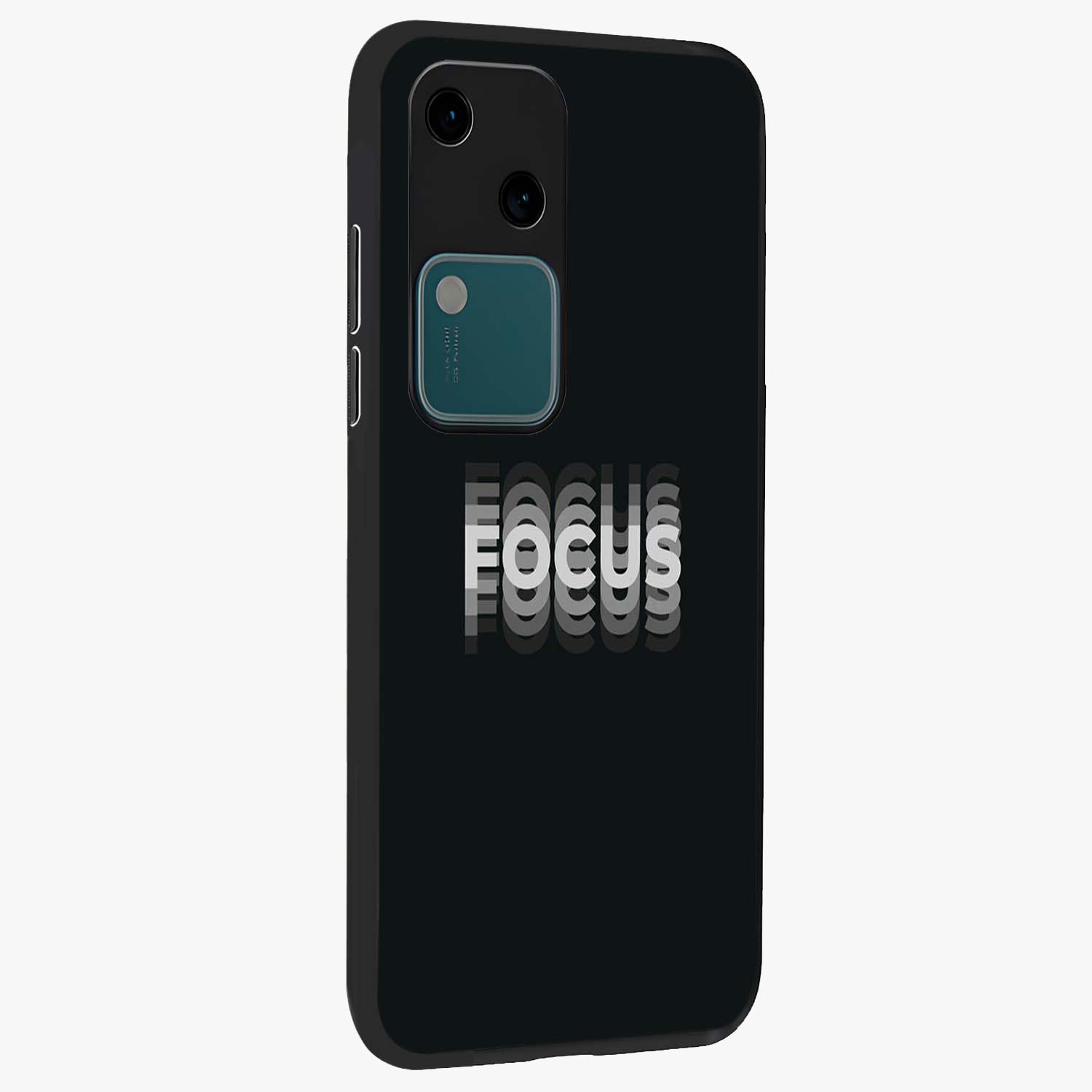 Focus Mode On Glass Case upright view showcasing strong typography statement with sleek motivational theme.