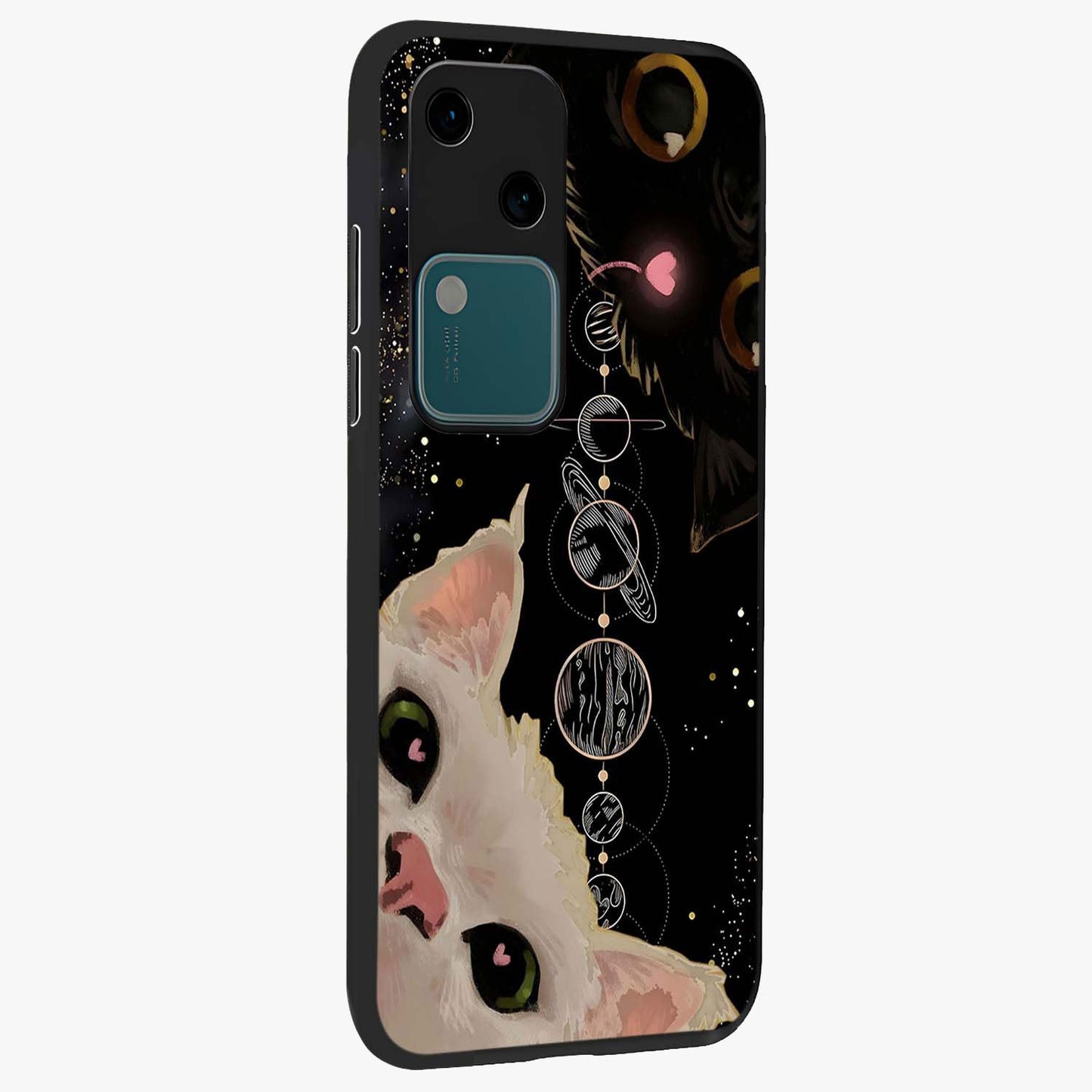 Galactic Cat Glass Case upright view showcasing mystical cat artwork with dreamy cosmic theme.