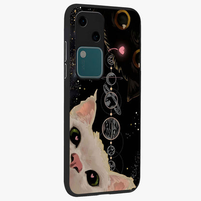 Galactic Cat Glass Case upright view showcasing mystical cat artwork with dreamy cosmic theme.