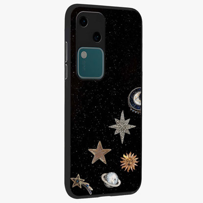 Galactic Charm Glow Glass Case upright view showcasing glowing cosmic charm artwork with magical celestial style.