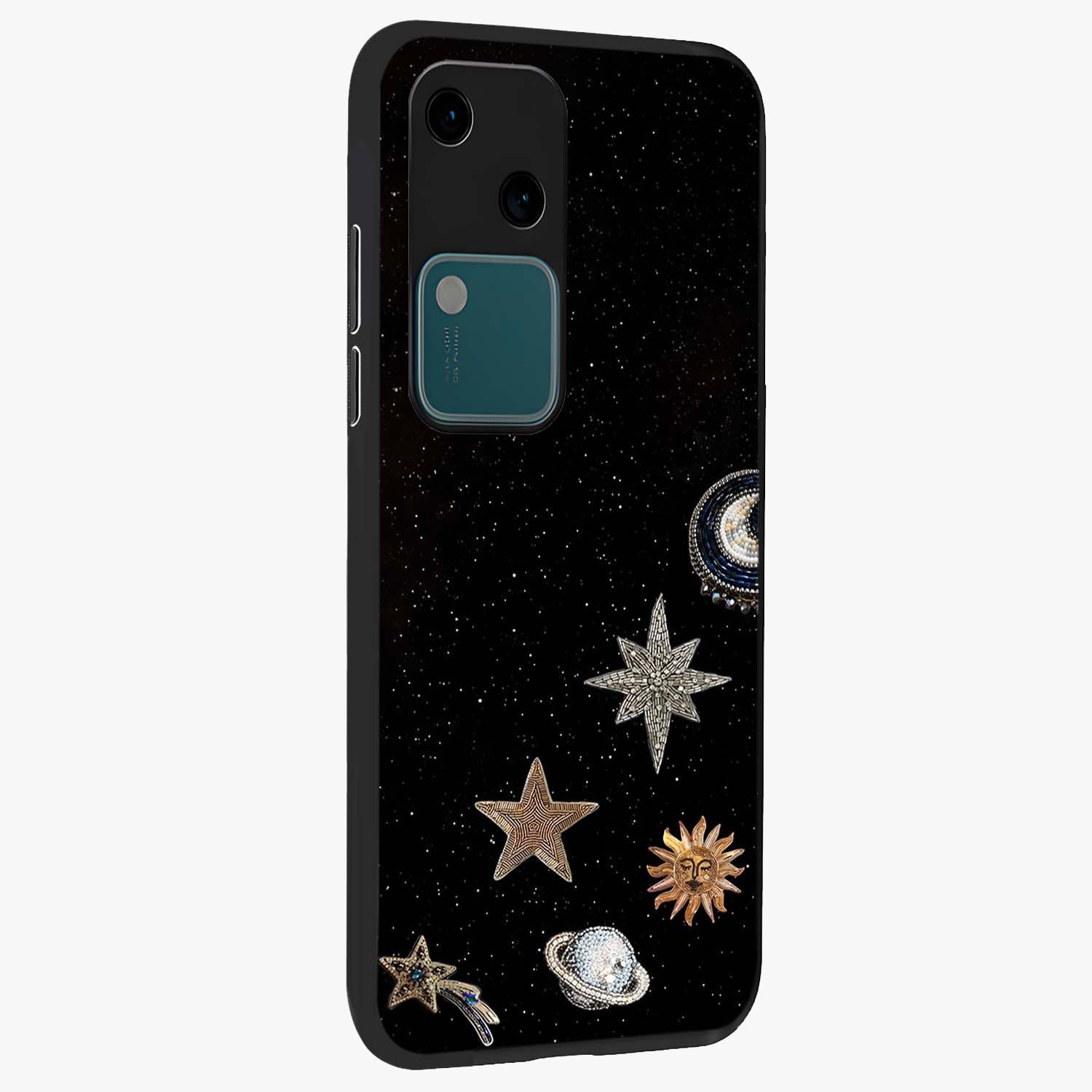 Galactic Charm Glow Glass Case upright view showcasing glowing cosmic charm artwork with magical celestial style.