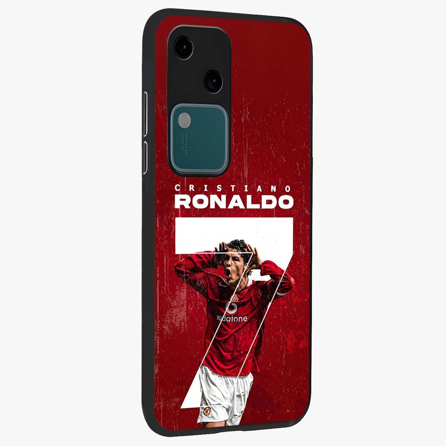 Goal Celebration Legacy Glass Case upright view showcasing dynamic football inspired artwork with victory celebration aesthetic.