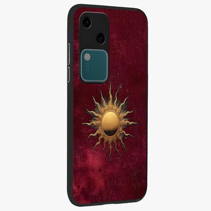 Golden Sun Minimalism Glass Case upright view showcasing simple golden sun artwork with elegant minimalist style.