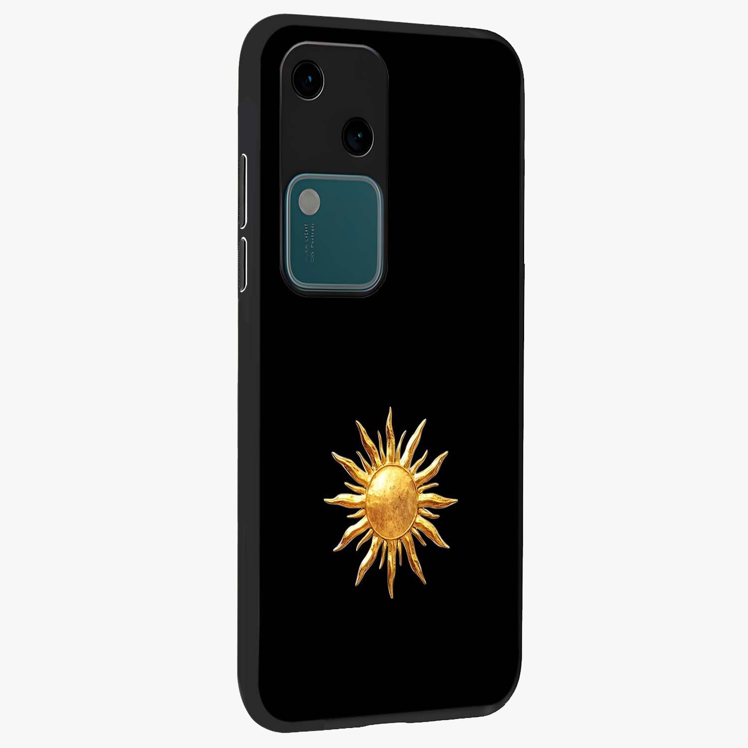 Golden Sun Minimalism Glass Case upright view showcasing haunting graveyard artwork with dramatic dark theme.