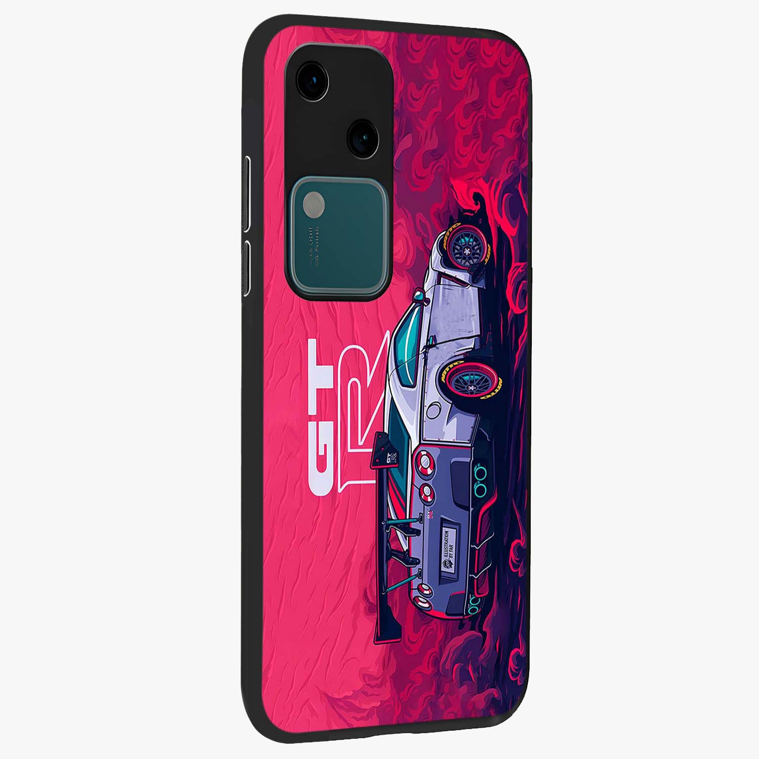 GT-R Car Pattern Glass Case upright view showcasing dynamic car pattern artwork with modern sports theme.