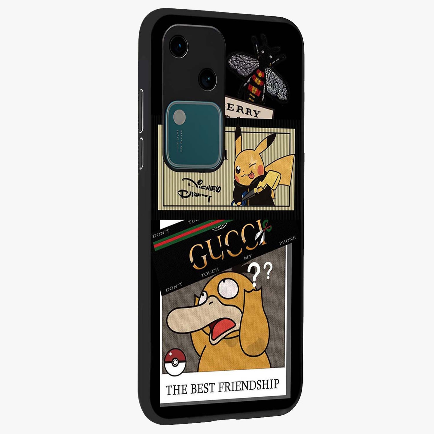Gucci Play Mashup Glass Case upright view showcasing trendy luxury inspired artwork with modern fashion theme.