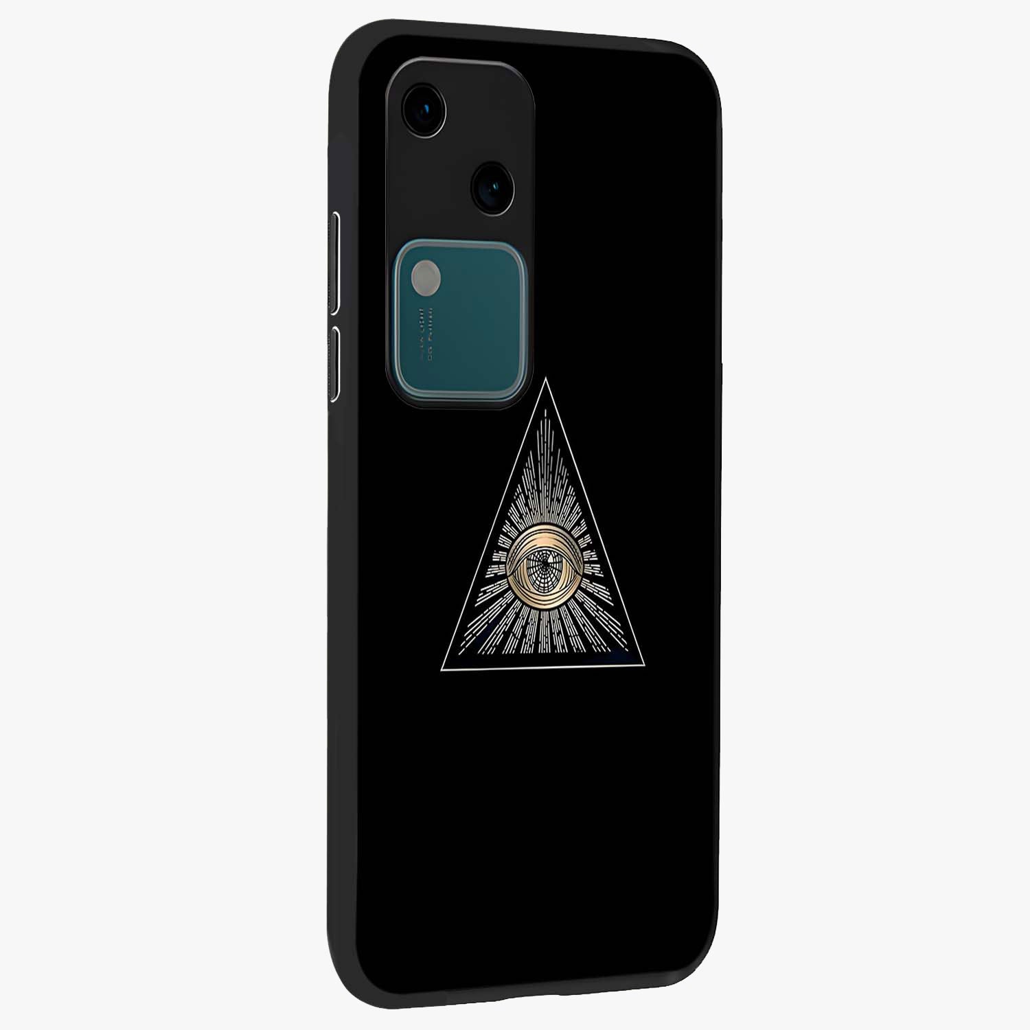 Illuminati Evil Glass Case upright view showcasing striking illuminati artwork with mysterious symbolic theme.
