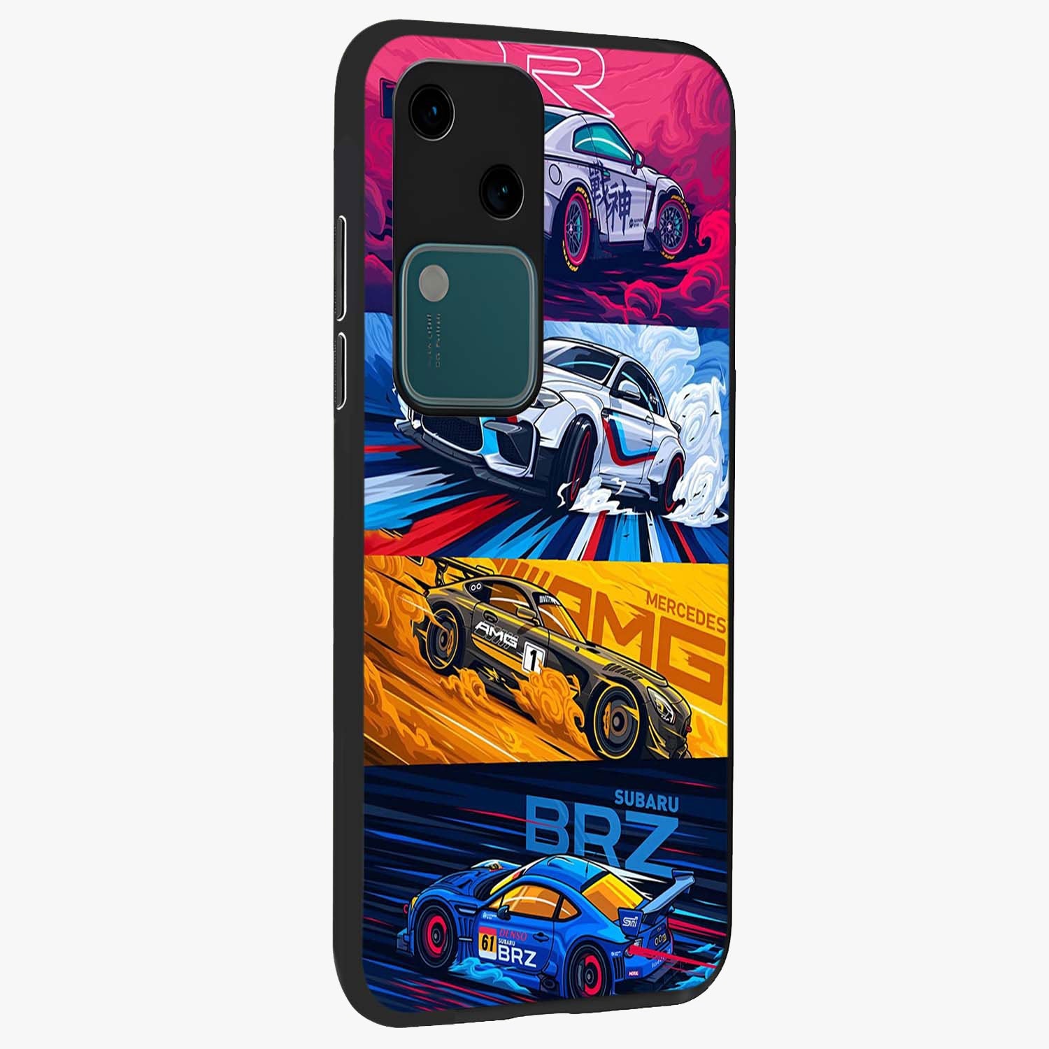 JDM Sports Car Glass Case upright view showcasing dynamic sports car artwork with bold racing theme.