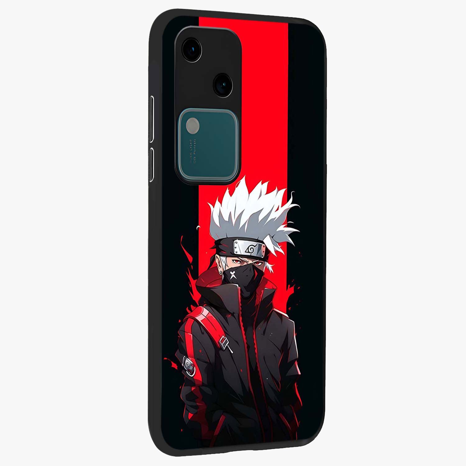 Kakashi Scarlet Shadow Glass Case upright view showcasing intense anime ninja artwork with dark action theme.
