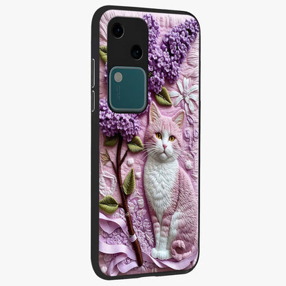 Lavender Cat Whimsy Glass Case upright view showcasing charming cat artwork with whimsical lavender theme.