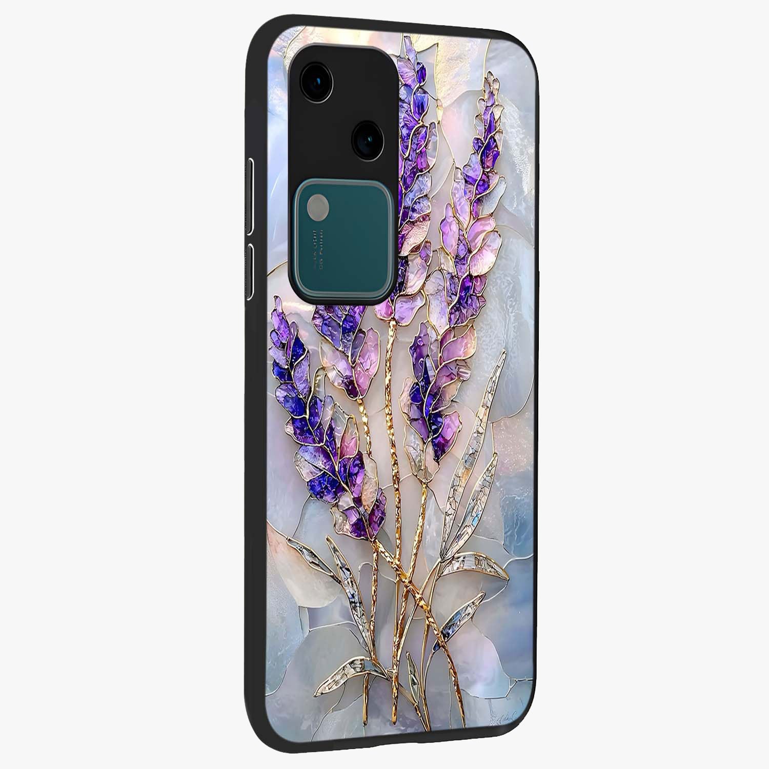 Lavender Dream Glow Glass Case upright view showcasing radiant lavender glow artwork with calming dreamy theme.