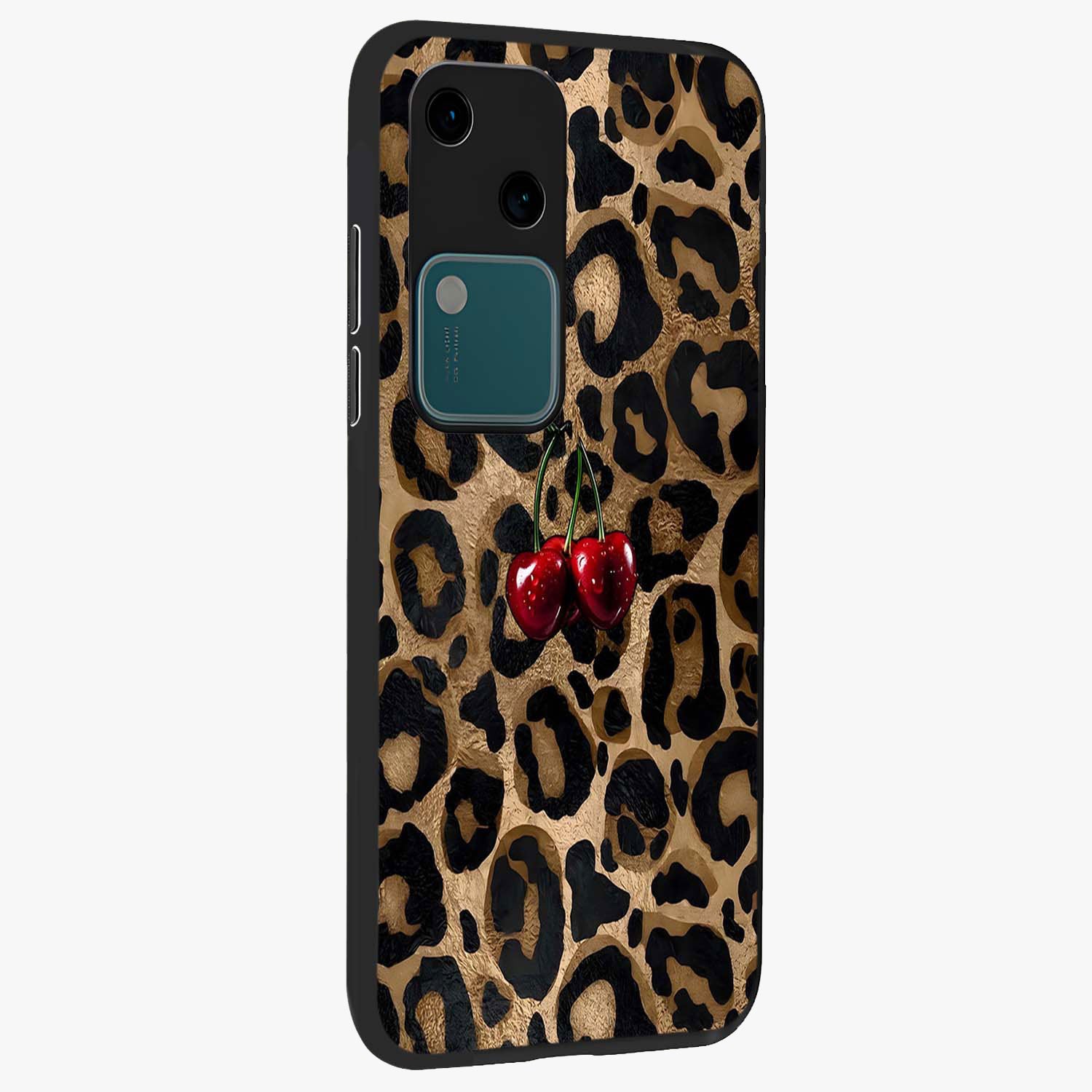 Leopard Wild Cherry Glass Case upright view showcasing stylish leopard pattern artwork with trendy fashion theme.
