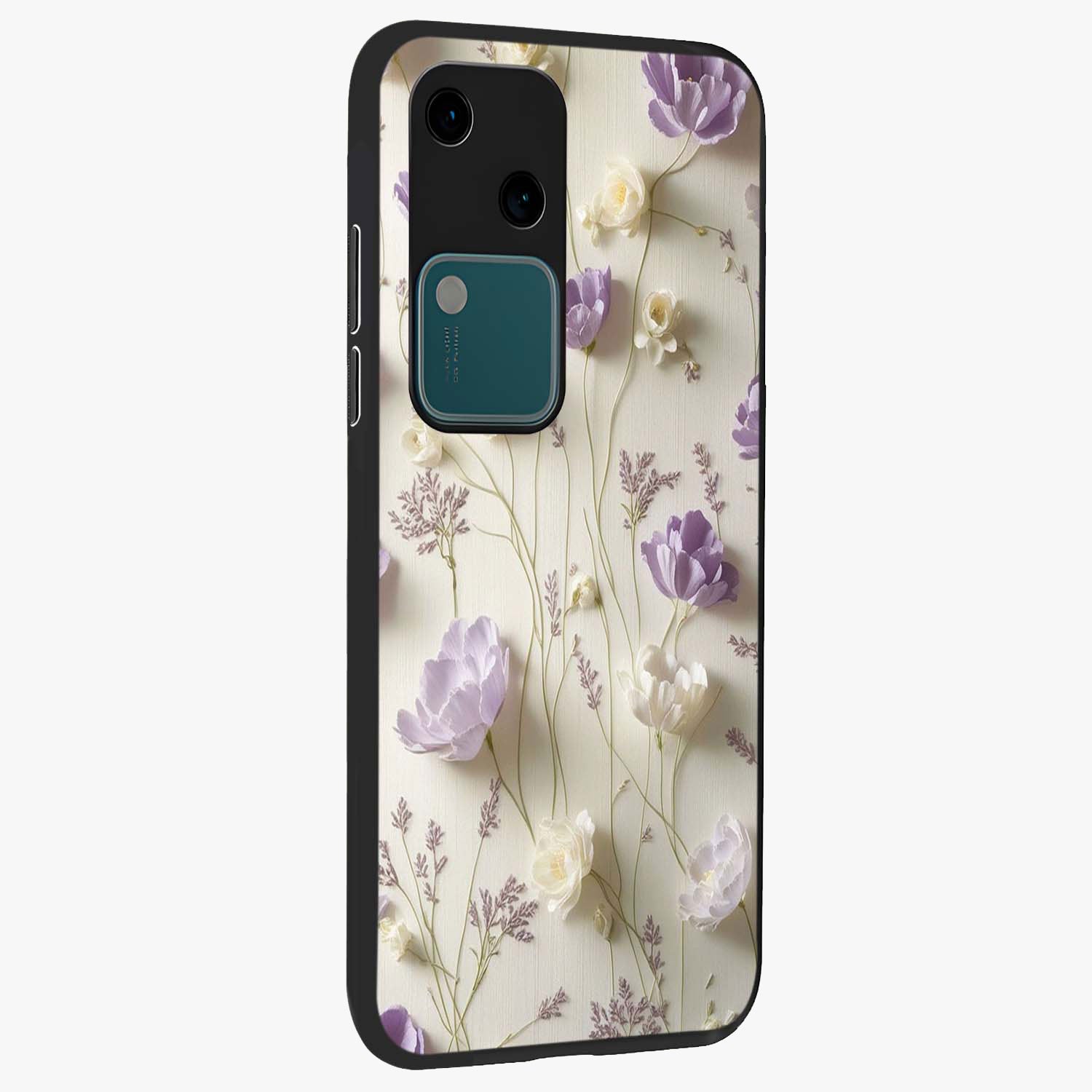Lilac Breeze Harmony Glass Case upright view showcasing delicate lilac artwork with peaceful floral theme.