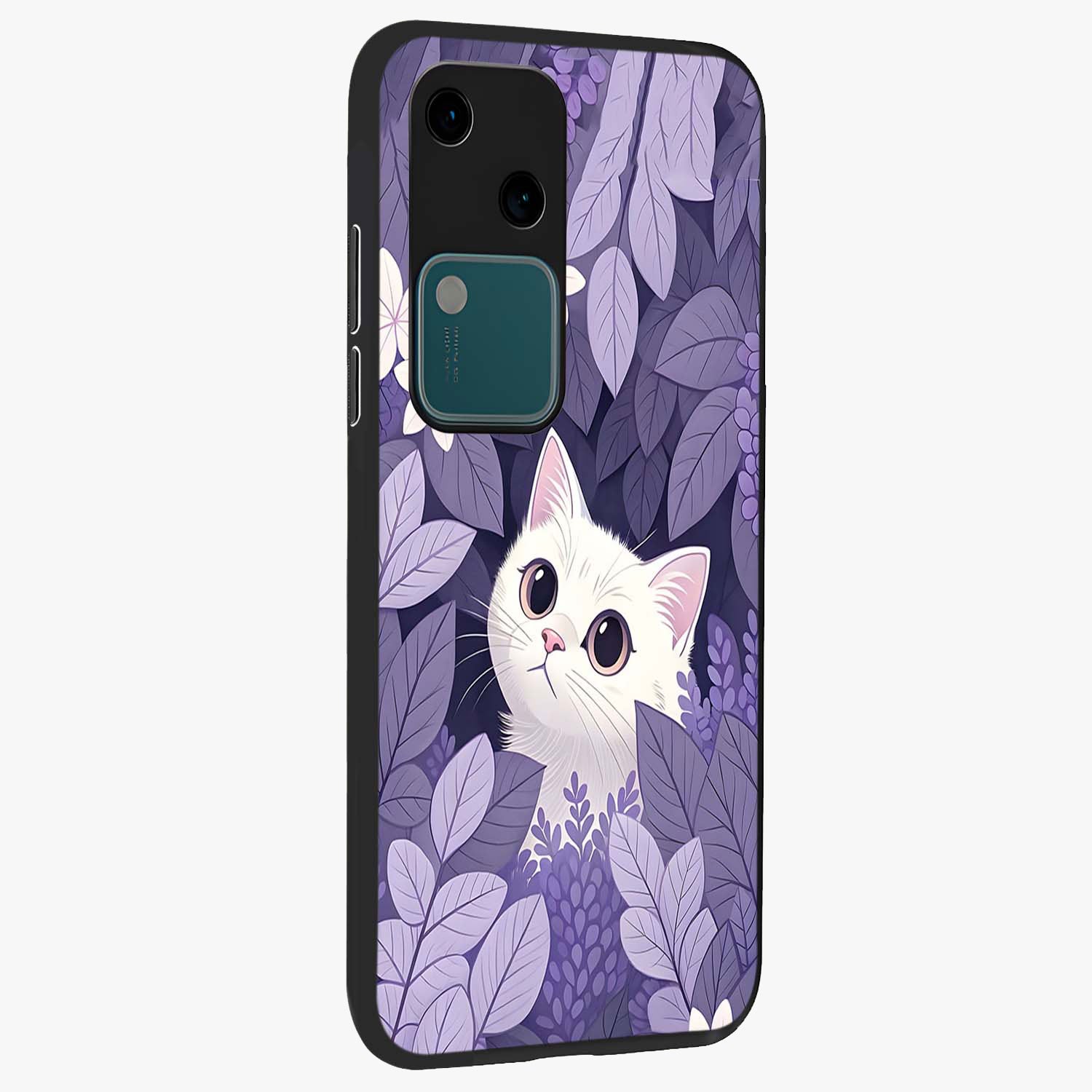 Lilac Hide Peek Cat Glass Case upright view showcasing charming cat artwork with adorable peek theme.
