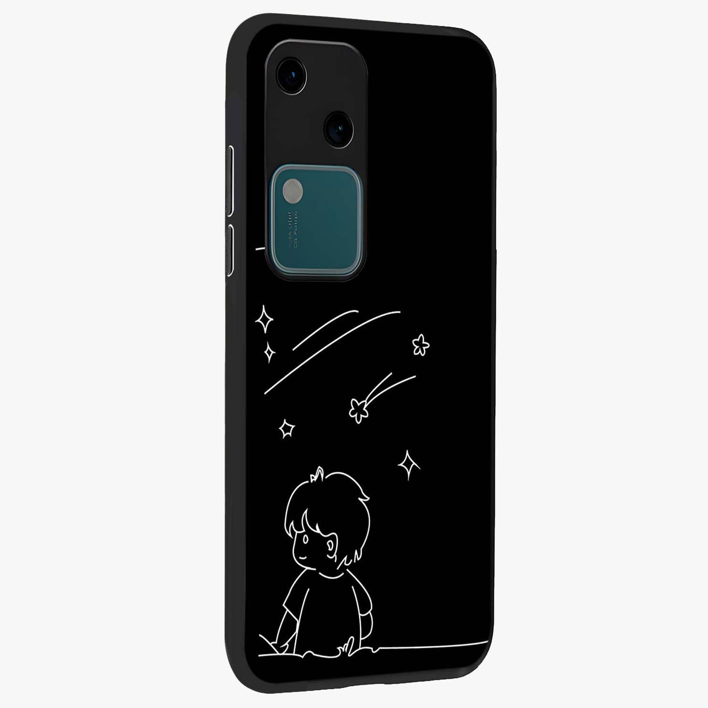 Line Art Boy With Shooting Stars Glass Case upright view showcasing artistic shooting star illustration with minimal style.