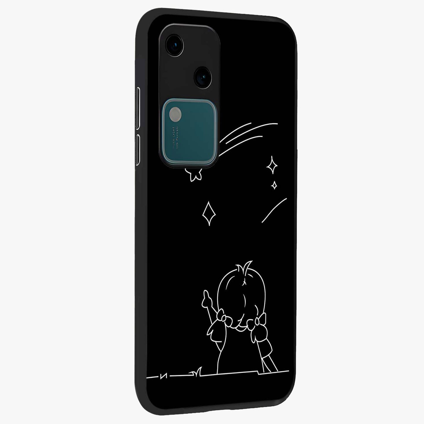 Line Art Girl With Shooting Stars Glass Case upright view showcasing delicate shooting stars artwork with minimal artistic theme.