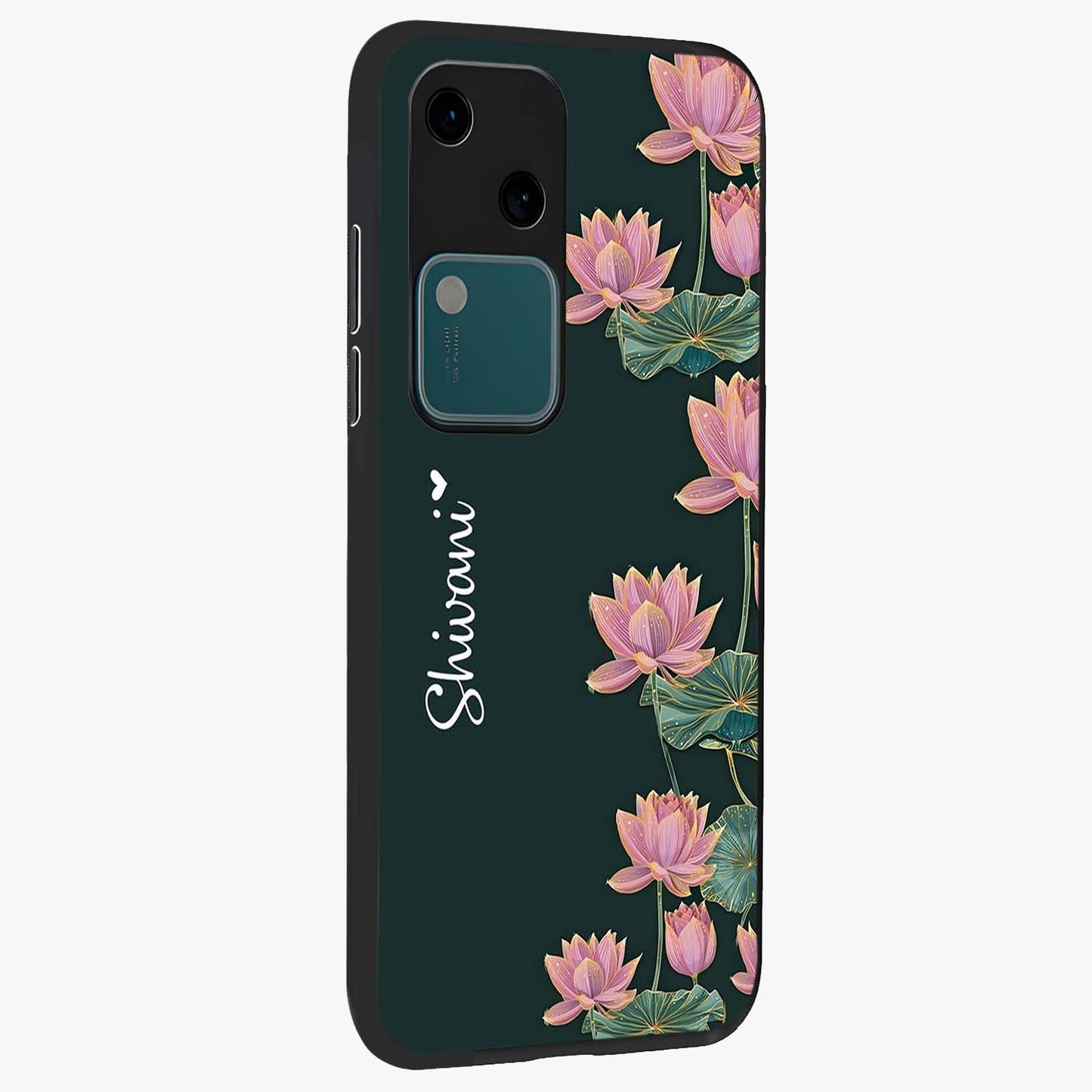 Lotus Bloom Serenity Custom Name Glass Case upright view showcasing serene lotus bloom artwork with personalized floral aesthetic.