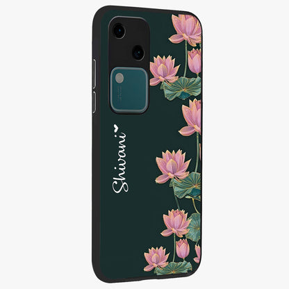 Lotus Bloom Serenity Custom Name Glass Case upright view showcasing serene lotus bloom artwork with personalized floral aesthetic.