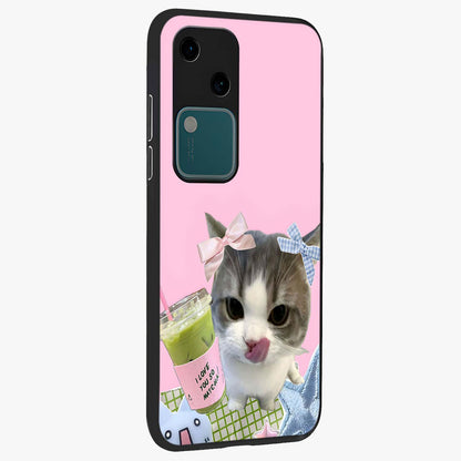 Love Matcha Cat Glass Case upright view showcasing adorable cat artwork with charming matcha themed design.