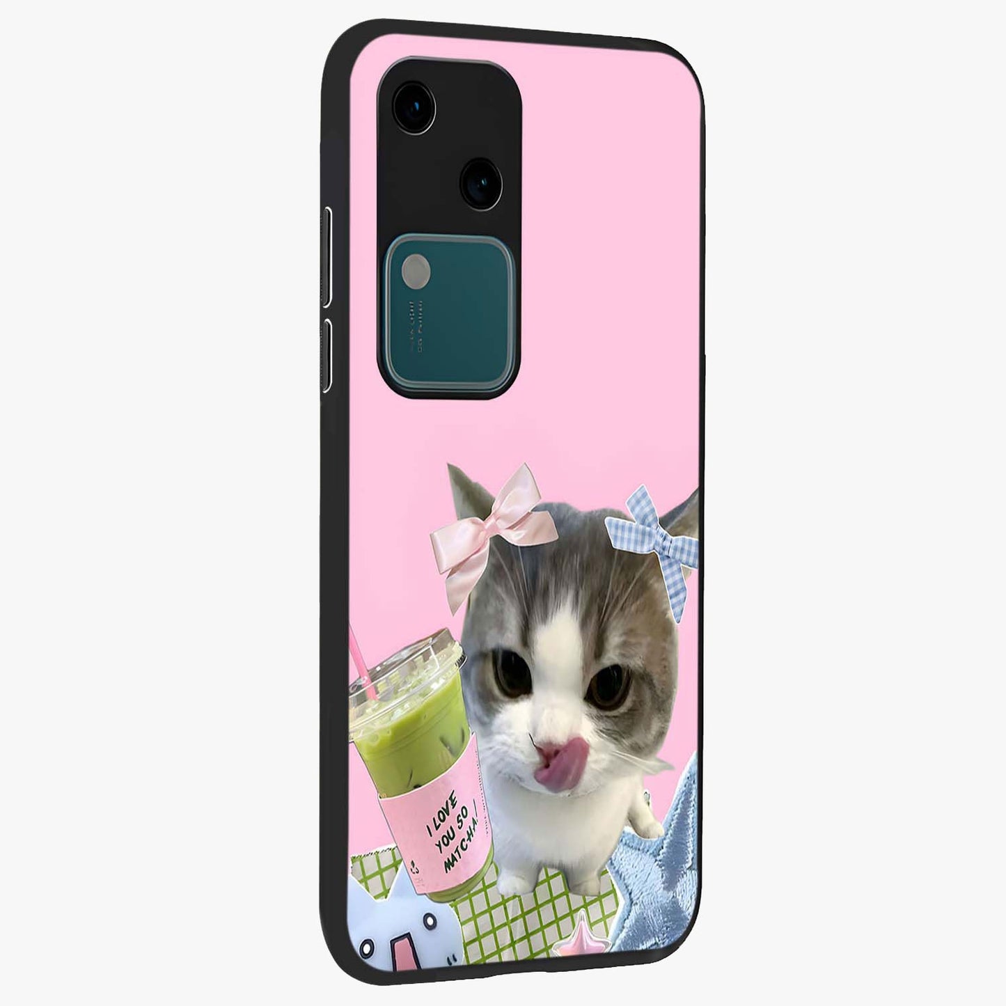 Love Matcha Cat Glass Case upright view showcasing adorable cat artwork with charming matcha themed design.