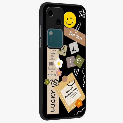 Lucky Aesthetic Collage Glass Case upright view showcasing vibrant collage artwork with youthful aesthetic theme.