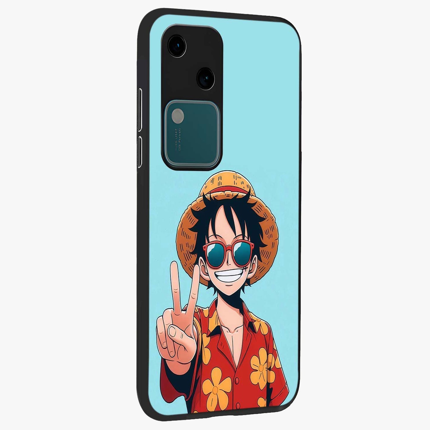 Luffy Summer Anime Vibe Glass Case upright view showcasing dynamic anime artwork with bright adventurous theme.