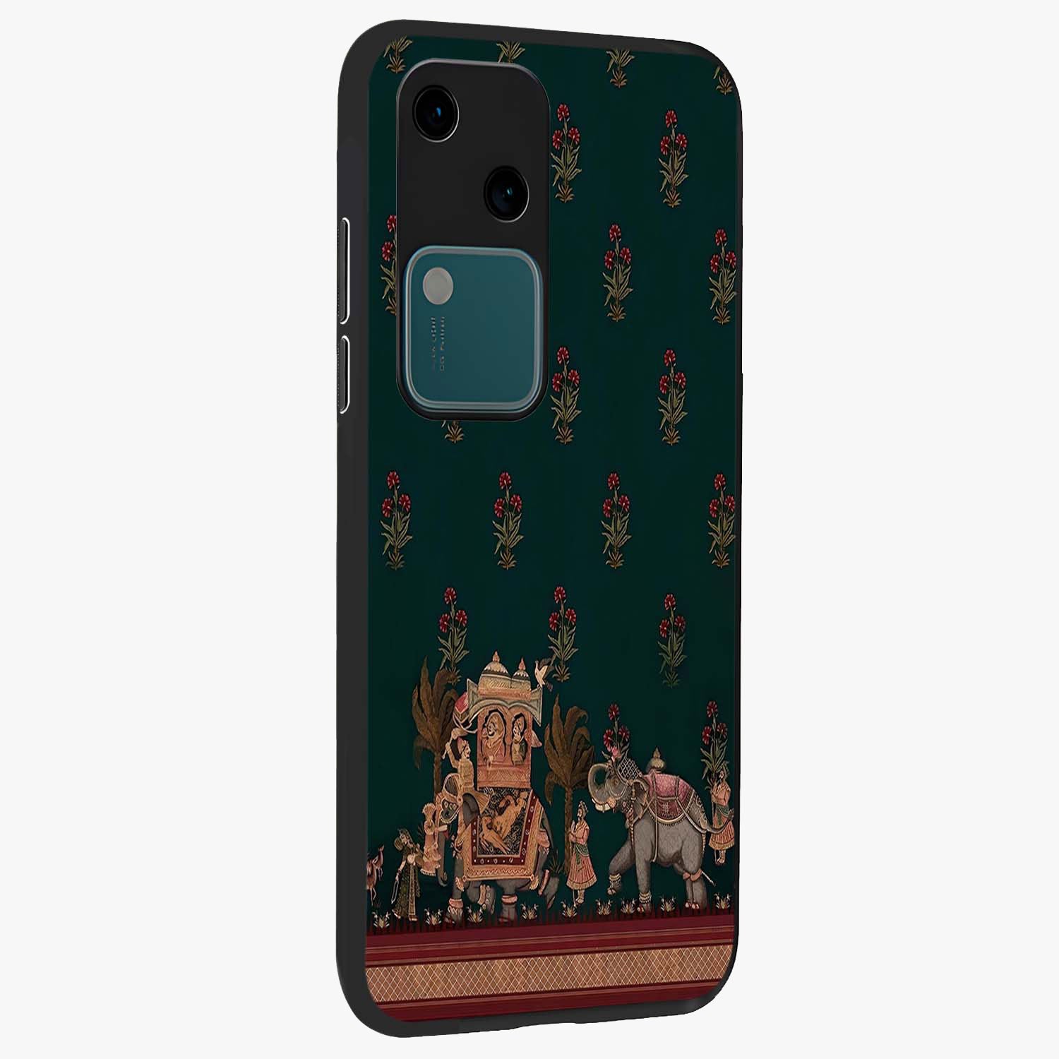 Macmerise Glass Case upright view showcasing bold artistic artwork with contemporary design theme.