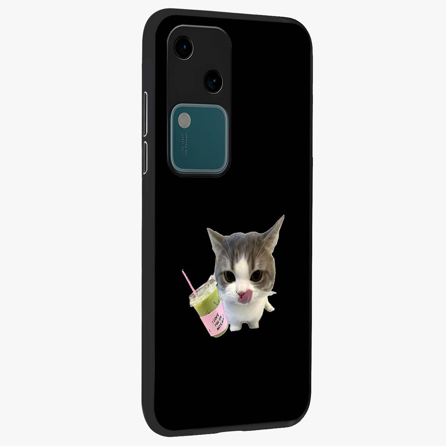 Matcha Cat Style Glass Case upright view showcasing charming cat artwork with cozy aesthetic theme.