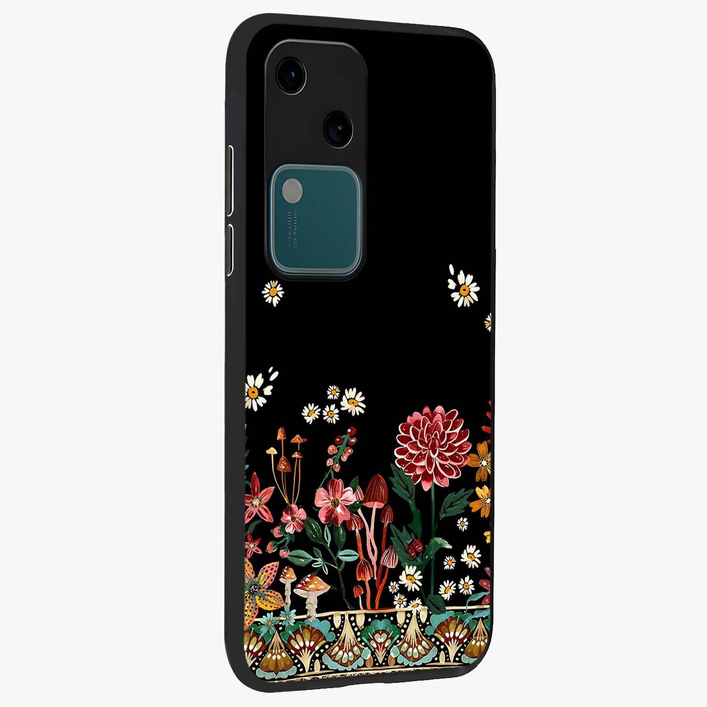 Midnight Bloom Pattern Glass Case upright view showcasing decorative floral artwork with deep night themed palette.