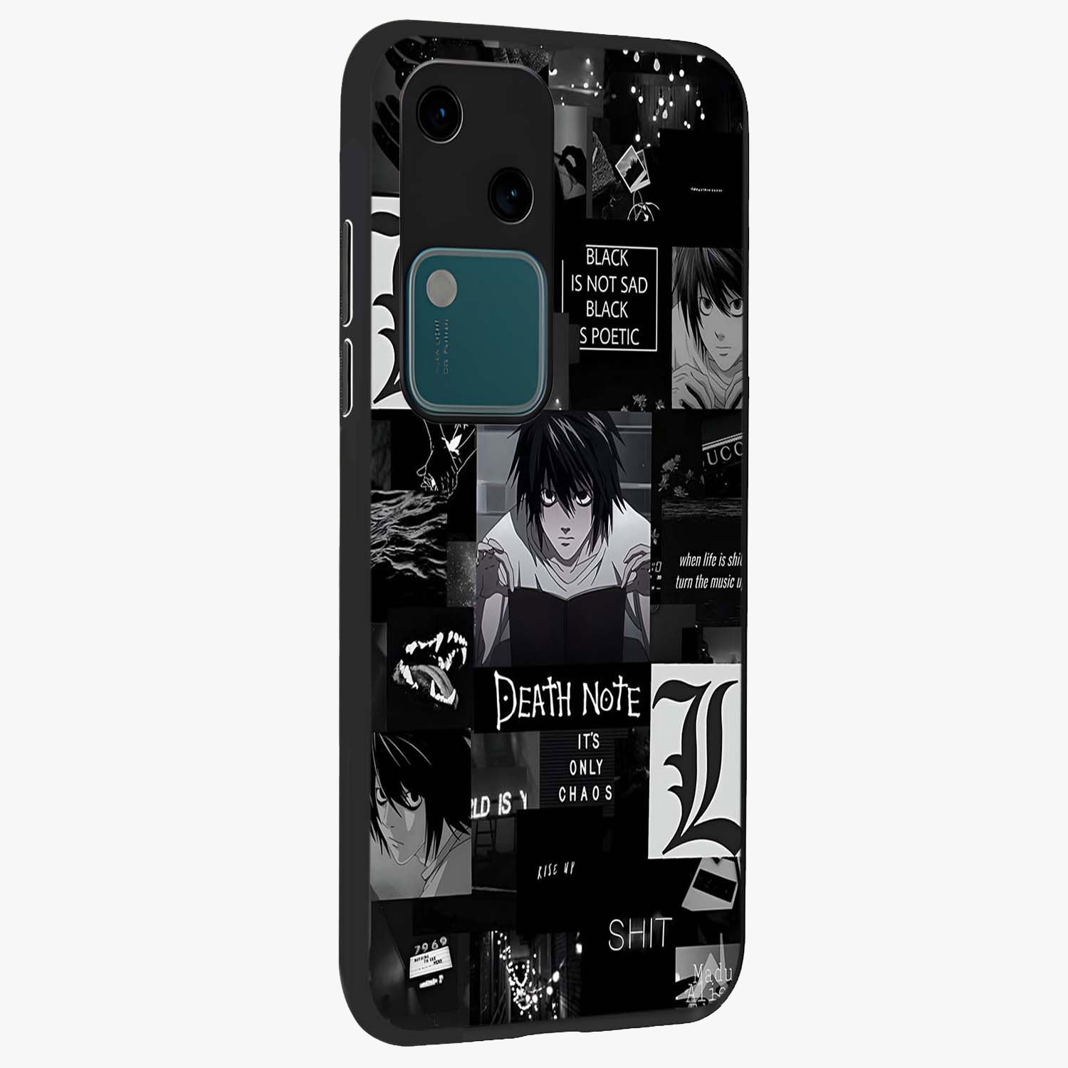 Midnight Chaos Mind Glass Case upright view showcasing expressive abstract artwork with bold dark theme.