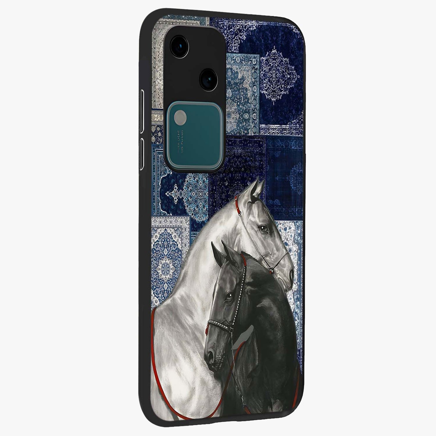 Midnight Stallion Blues Glass Case upright view showcasing dramatic horse artwork with bold artistic theme.