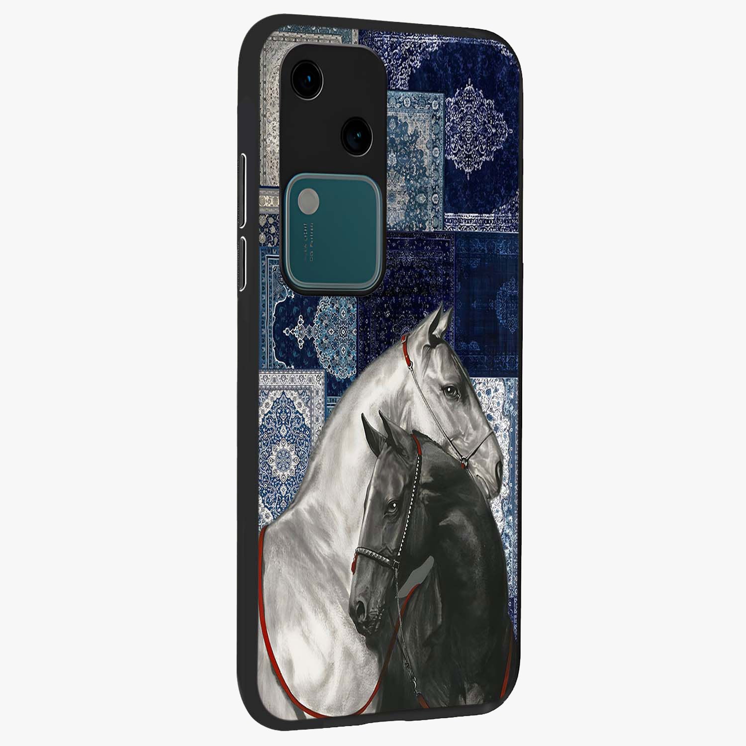 Midnight Stallion Blues Glass Case upright view showcasing dramatic horse artwork with bold artistic theme.