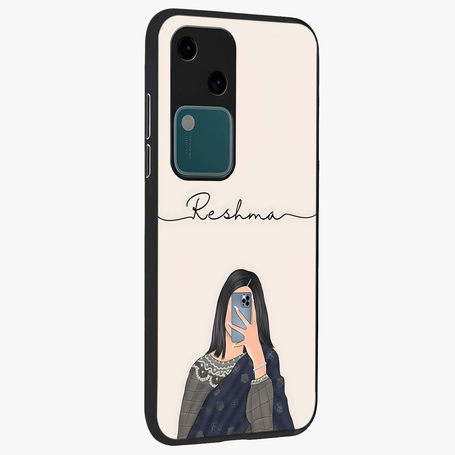 Mirror Mood Muse With Custom Name Glass Case upright view showcasing artistic mirror themed artwork with personalized aesthetic.