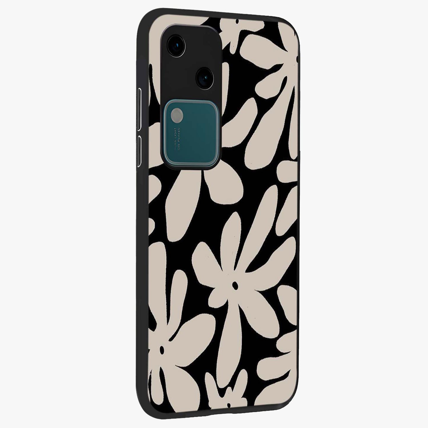 Monochrome Petal Dance Glass Case upright view showcasing artistic floral pattern with stylish monochrome theme.