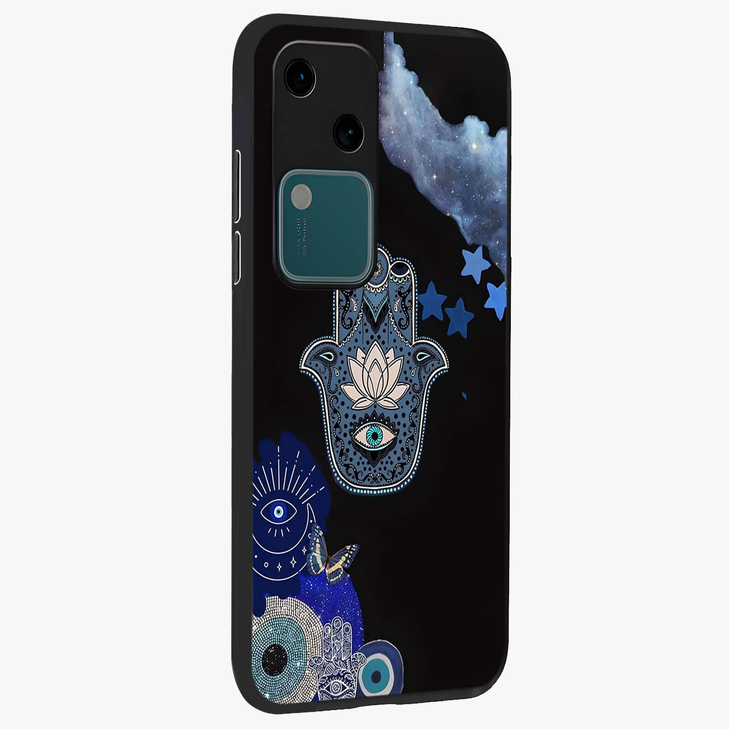 Mystic Hand Aura Glass Case upright view showcasing symbolic hand artwork with mystical energy theme.