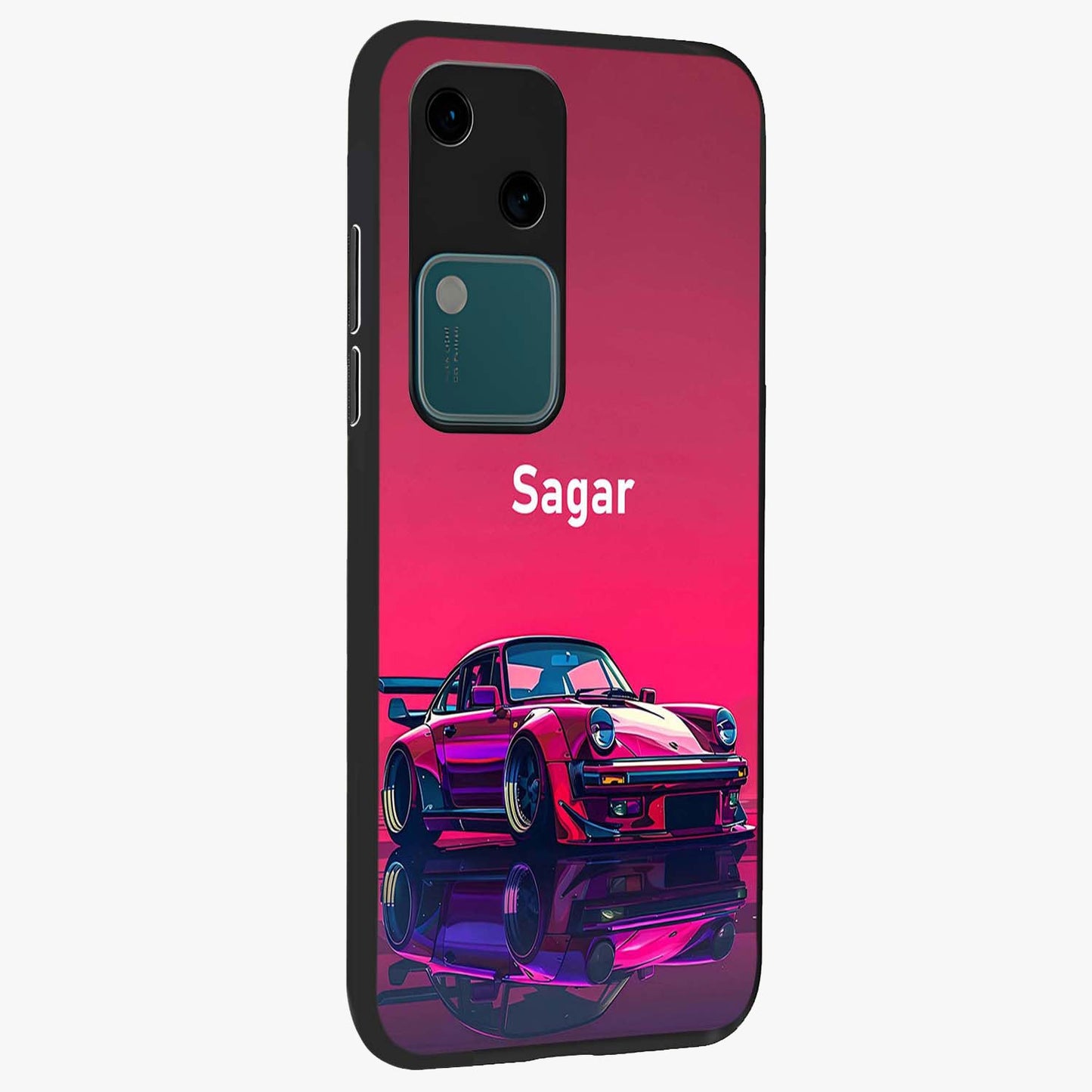 Neon Pink Porsche Glass Case upright view showcasing vibrant sports car artwork with bold automotive theme.