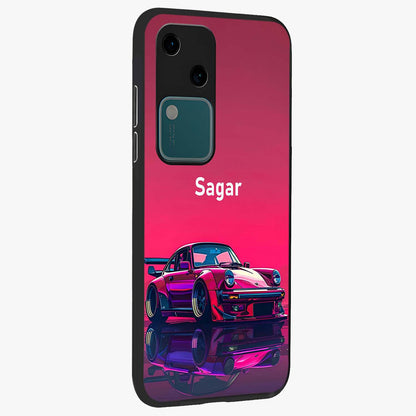Neon Pink Porsche Glass Case upright view showcasing vibrant sports car artwork with bold automotive theme.