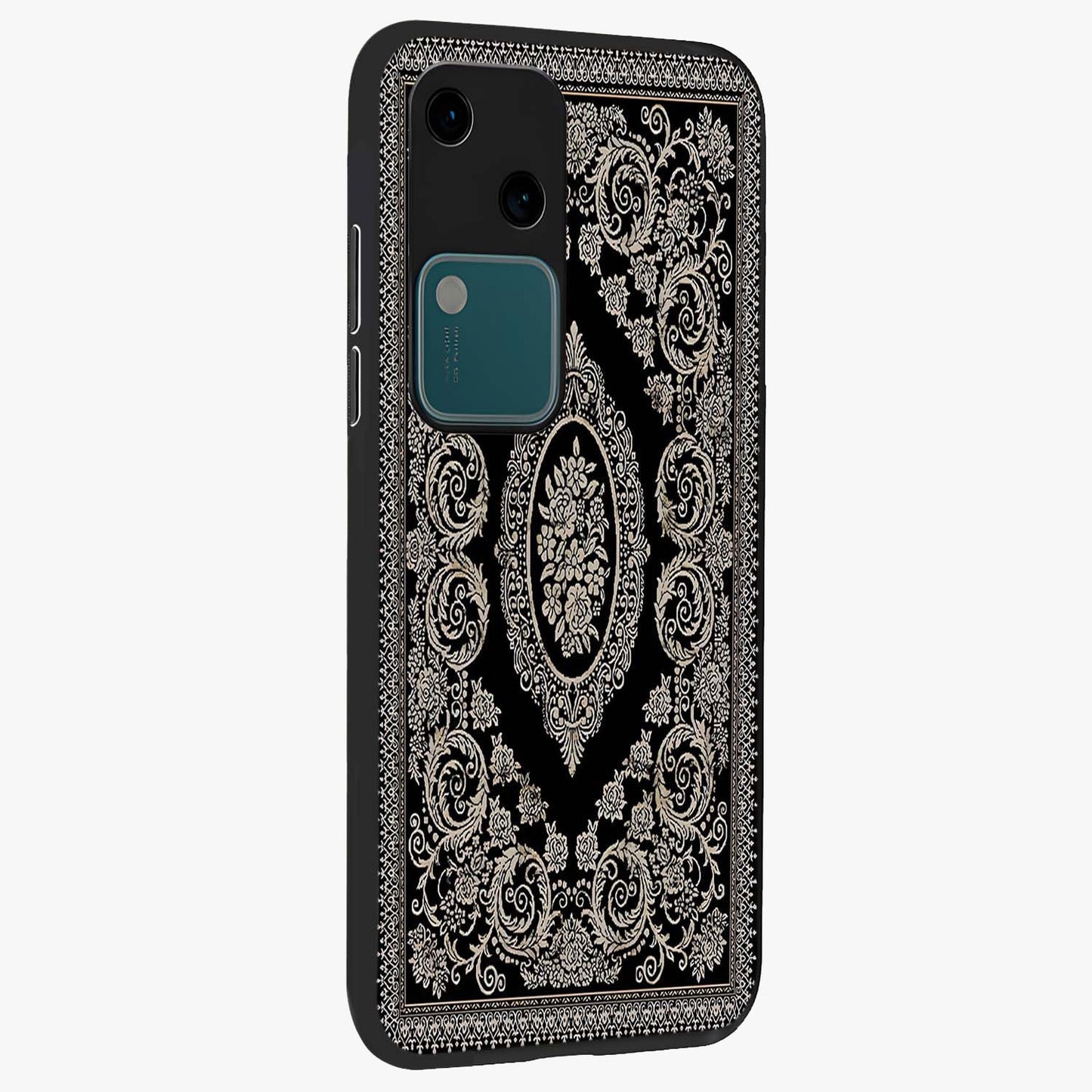 Noir Bloom Elegance Glass Case upright view showcasing graceful floral artwork with luxurious dark theme.