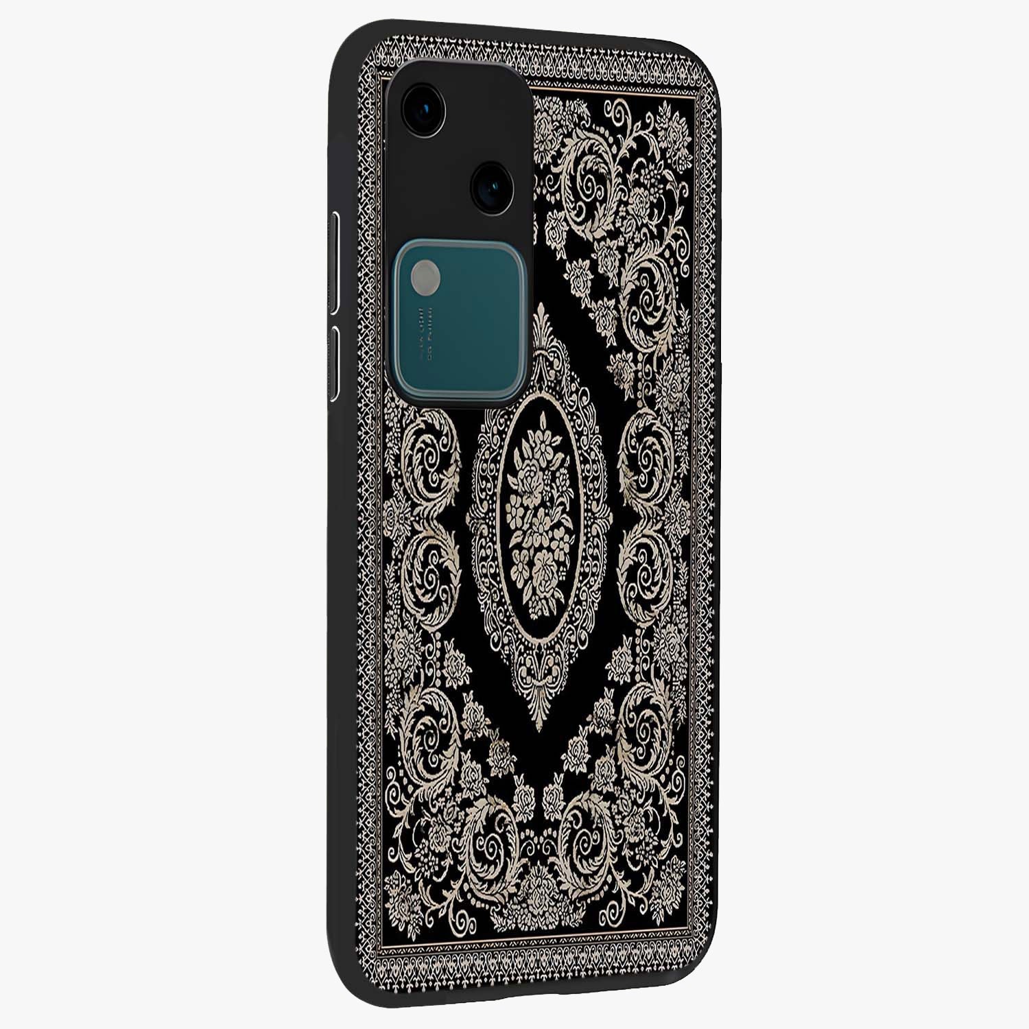 Noir Bloom Elegance Glass Case upright view showcasing graceful floral artwork with luxurious dark theme.