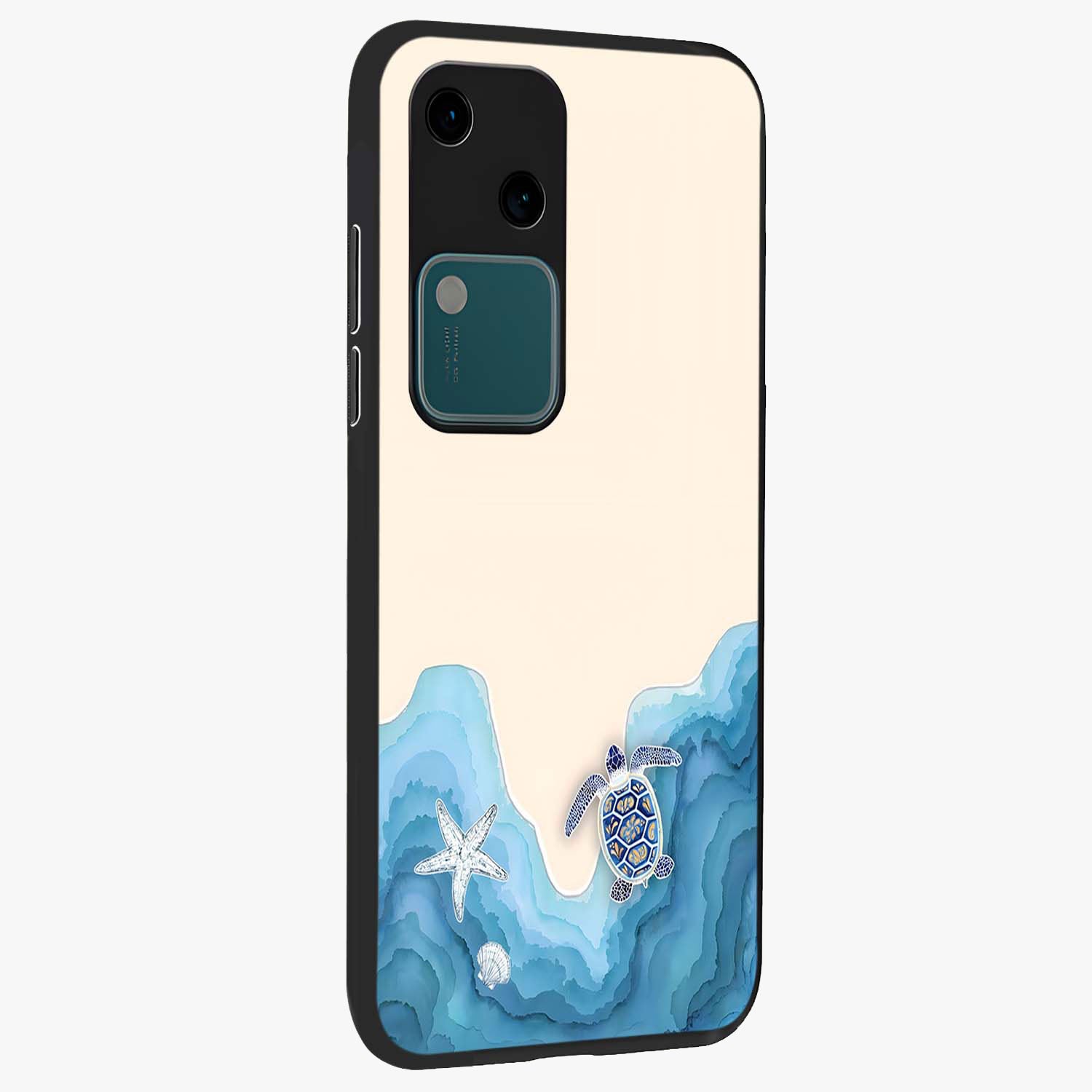 Ocean Drift Turtle Glass Case upright view showcasing calm underwater turtle artwork with nature inspired theme.