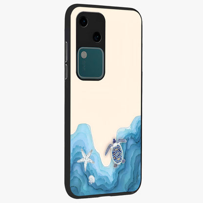 Ocean Drift Turtle Glass Case upright view showcasing calm underwater turtle artwork with nature inspired theme.